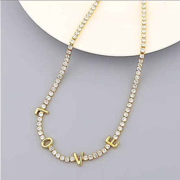 Gold Cubic Zircon Love Letter Choker Tennis Minimalist - Picture 5 of 7